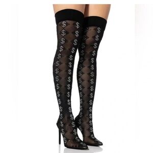 Black Patterned Thigh-High Stockings Heels